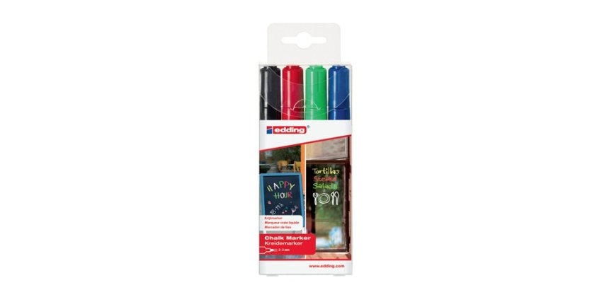 Marqueur edding craie liquide e4095 fenêtre ardoise verre pointe ogive 2 à 3mm assortis pochette 4 unités