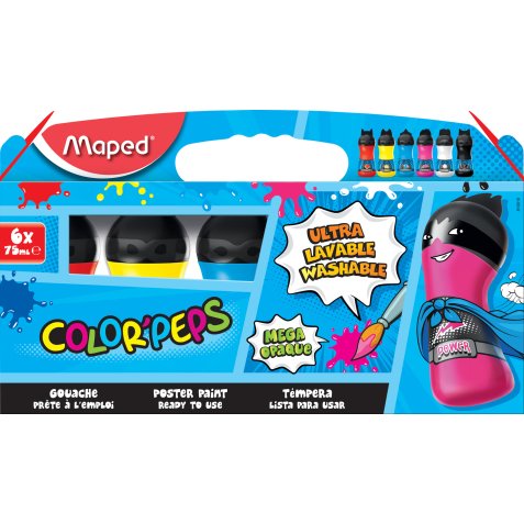 Lot de 6 bouteilles de gouache 75ml ultralavable COLOR'PEPS. Couleurs primaires