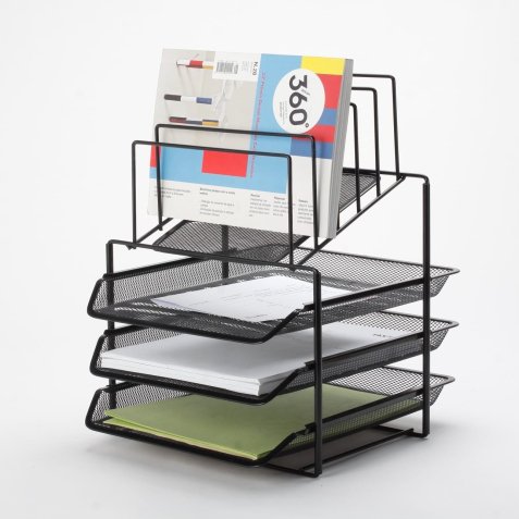 Corbeille à courrier q-connect maille métallique 3 corbeilles 5 trieurs à enveloppes 300x350x420mm noir 3 unités