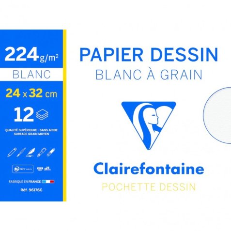 Papier dessin clairefontaine à grain 224g 24x32cm pochette de 12f