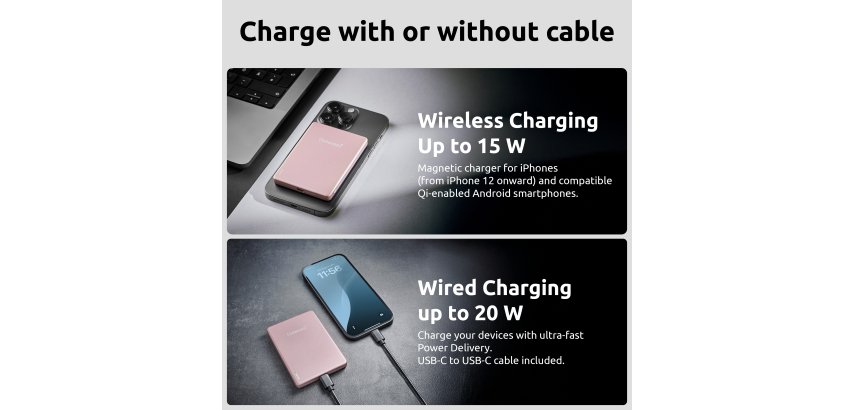 Intenso MW5000 Magnetic Power Bank 5000 mAh – MagSafe Compatible, 15W Wireless Charging, 20W USB-C PD, Slim & Compact – Tested in Germany – Rosé