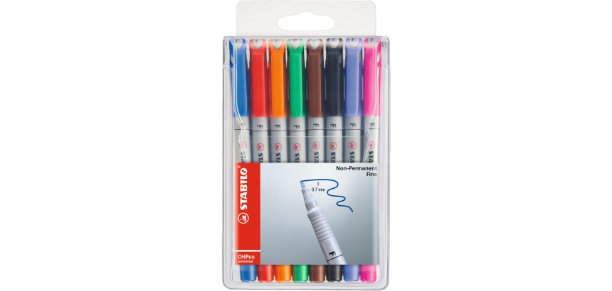 Stylo-feutre stabilo ohp pen soluble pointe fine 0.7mm multi-supports effaçable grip ergonomique pochette assortie 8u