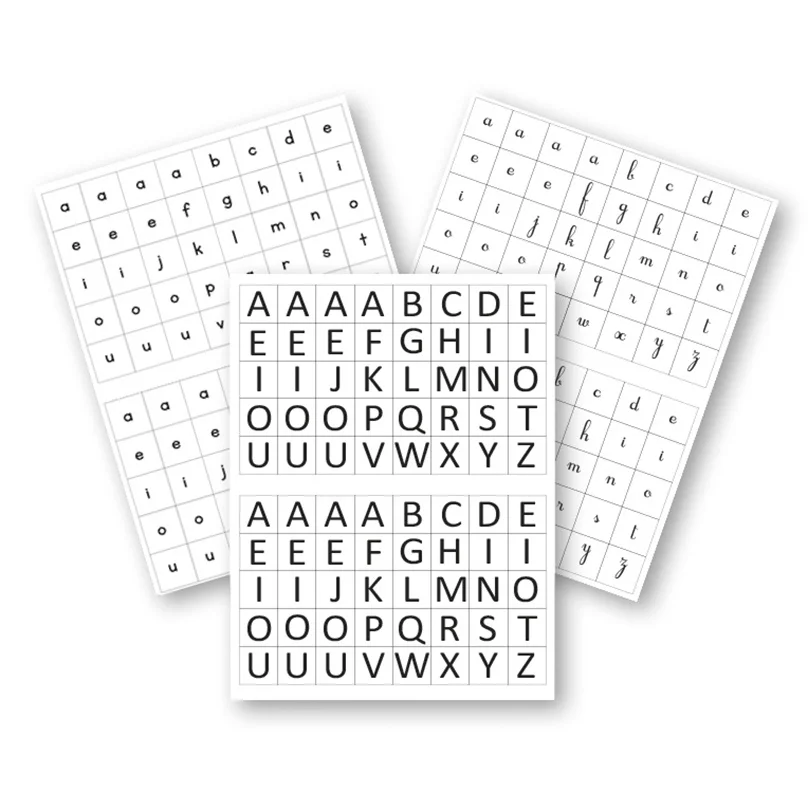 Sachet de 20 planches de gommette alphabet. 5 couleurs et 3 types  d'écriture.