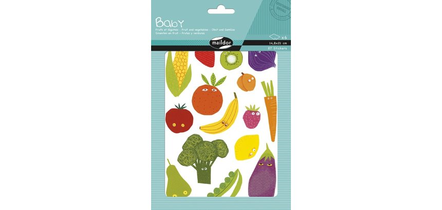 Gommette maxi maildor baby fruits et légumes repositionnable 148x210mm 6 planches 87 unités