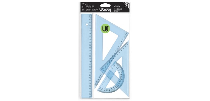 Kit de traçage 4 pièces en plastique incassable, 1 règle 30cm, 1 rapporteur, 2 équerres