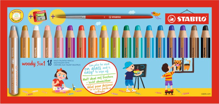 Crayon couleur stabilo woody 3in1 multi-talents + 1 taille-crayon + 1 pinceau étui carton 18 unités