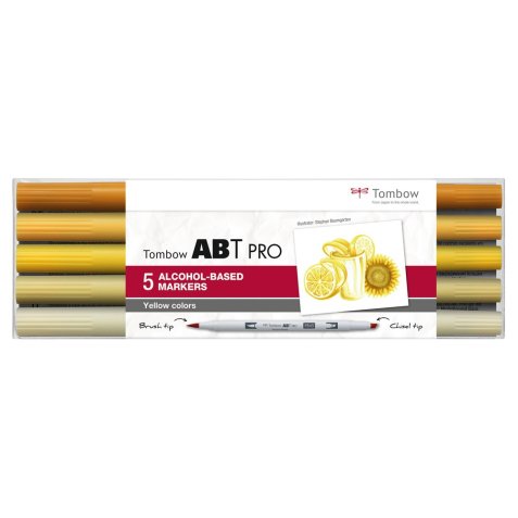 Set 5 marqueur à base d'alcool ABT PRO, pointe en nylon et pointe biseautée, Couleur jaune.