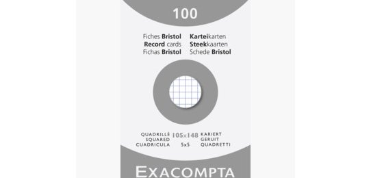 Fiche bristol 105 x 148mm quadrillée 5 x 5 blanche non perforée Exacompta - Boîte de 100