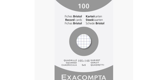 Fiche bristol 105 x 148mm quadrillée 5 x 5 blanche non perforée Exacompta - Boîte de 100