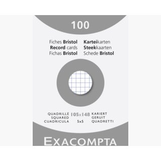 Fiche bristol 105 x 148mm quadrillée 5 x 5 blanche non perforée Exacompta - Boîte de 100