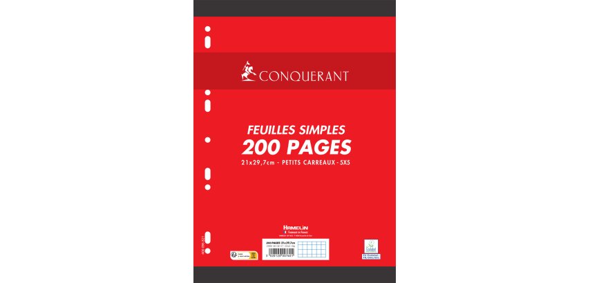 Feuillets mobiles 21x29,7cm 200 pages 90g 5x5. Sous sachet, papier blanc
