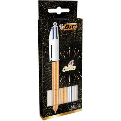 Boîte de 3 stylos bille 4 Couleurs rétractable. Pointe moy 1mm. Corps 2 Festif or + 1 shine argent