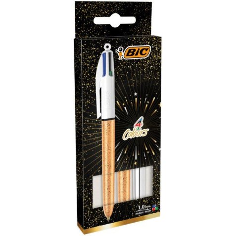 Boîte de 3 stylos bille 4 Couleurs rétractable. Pointe moy 1mm. Corps 2 Festif or + 1 shine argent