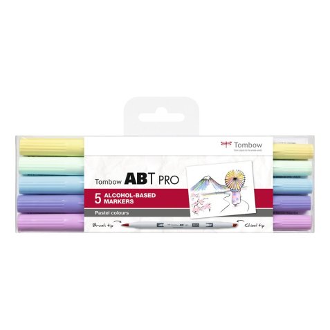 Set de 5 marqueur à base d'alcool ABT PRO, pointe en nylon et pointe biseautée, Couleur Pastel.