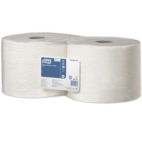 Lot de 2 Bobines papier d'essuyage Basic W1 510 mètres, 2 plis, Format prédécoupé 23,5 x 34 cm Blanc