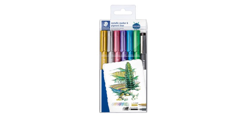 Marqueurs staedtler metallic markers coloris assortis etui de 6 + 1 feutre pigment liner c2-9 offert
