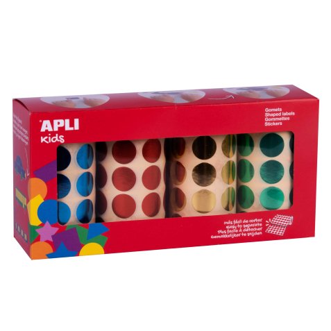 Gommettes apli forme ronde diam. 20mm coloris metallises jaune bleu rouge et vert pack de 4 rouleaux 5640u