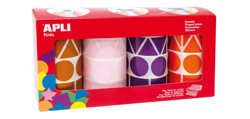 Gommette géante apli agipa géométrique 4 coloris assortis violet marron rose orange pack 4 rouleaux 5428 unités