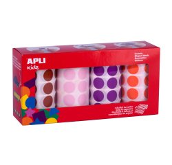 Gommette apli kids permanente ronde 20mm coloris rose marron lilas orange boîte 4 rouleaux