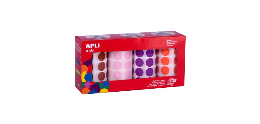 Gommette apli kids permanente ronde 20mm coloris rose marron lilas orange boîte 4 rouleaux