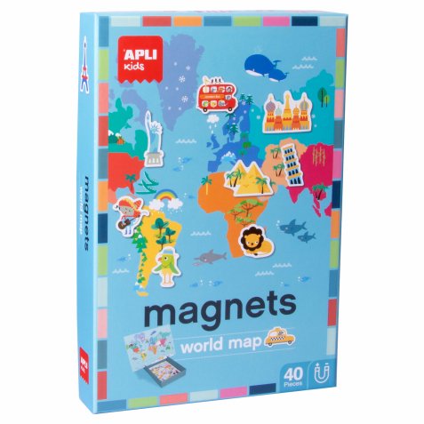 Boîte de 40 magnets pour construire une carte du monde avec support. + de 4 ans.