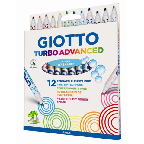 Etui 12 feutres de coloriage TURBO ADVANCED pointe moyenne. Coloris assortis extra brillant