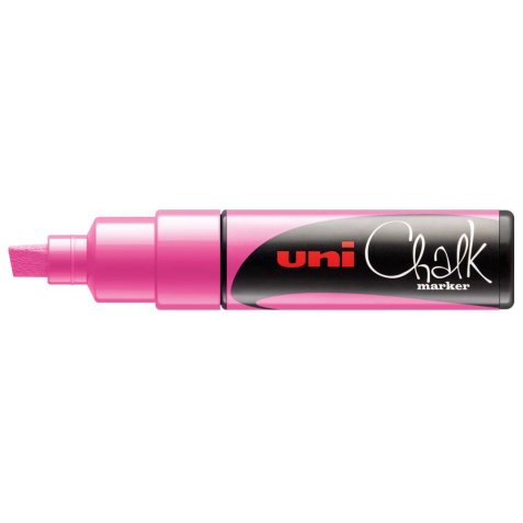 Marqueur craie uniball chalk pointe biseautee large 8mm ideale ardoise vitrine resiste pluie coloris rose fluo