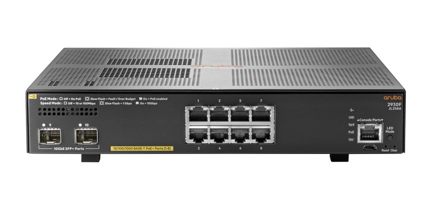 HPE Aruba Networking 2930F 8G PoE+ 2SFP+ Géré L3 Gigabit Ethernet (10/100/1000) Connexion Ethernet, supportant l'alimentation via ce port (PoE) 1U Gris