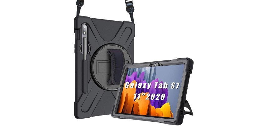 DLH Coque renforcee avec bandouliere, poignee rotative et pied support pour Samsung Galaxy Tab S7 (SM-T870 / SM-T875 / SM-T876)