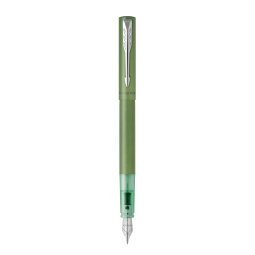 Plume Vector XL vert, corps acier inoxydable satiné brillant. Pointe moyenne. Encre bleue