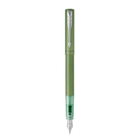 Plume Vector XL vert, corps acier inoxydable satiné brillant. Pointe moyenne. Encre bleue