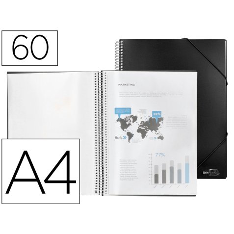 Protège-documents liderpapel polypropylène couverture rigide spirale 60 pochettes fixes a4 210x297mm coloris noir