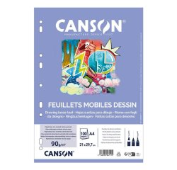 Feuillet mobile dessin canson a4 210x297mm papier blanc grain léger 100 pages perforées 90g coloris blanc