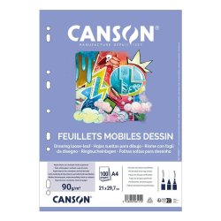 Feuillet mobile dessin canson a4 210x297mm papier blanc grain léger 100 pages perforées 90g coloris blanc