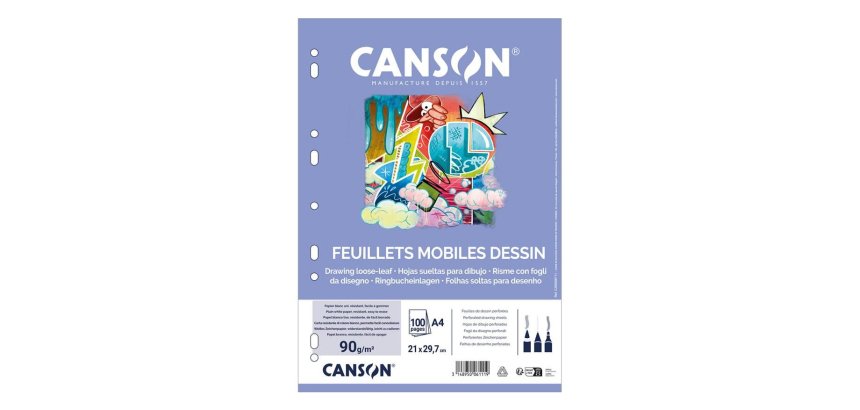 Feuillet mobile dessin canson a4 210x297mm papier blanc grain léger 100 pages perforées 90g coloris blanc