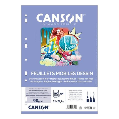 Feuillet mobile dessin canson a4 210x297mm papier blanc grain léger 100 pages perforées 90g coloris blanc
