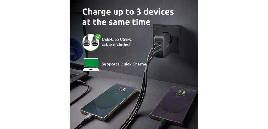 Intenso W100ACC+C520C, Ensemble adaptateur secteur + câble de charge, 100 W, charge rapide, technologie GaN, charge simultanée de 3 appareils, noir