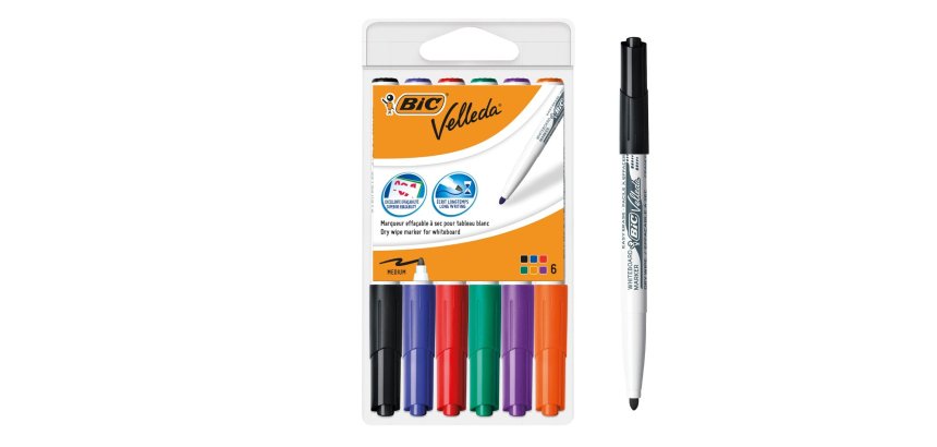 Marqueur bic velleda 1741 effaçable pointe ogive tracé 2mm encre cétone format stylo grande longévité pochette 6 unités
