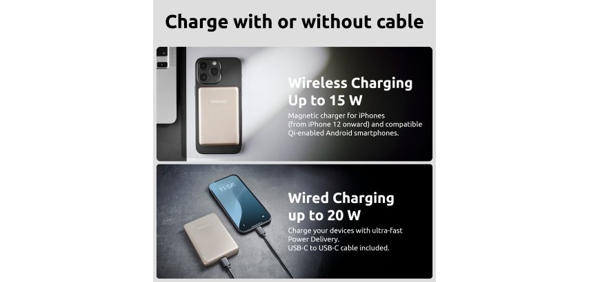 Intenso MW10000 Magnetic Power Bank 10000 mAh – MagSafe Compatible, 15W Wireless Charging, 20W USB-C PD, For iPhone & Android – Tested in Germany – Champagne