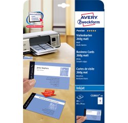Carte visite avery impression jet d'encre recto verso 260g/m2 85x54mm bords lisses blanc mat pochette 80 unités