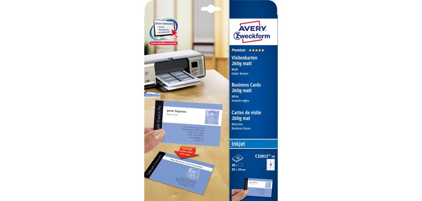 Carte visite avery impression jet d'encre recto verso 260g/m2 85x54mm bords lisses blanc mat pochette 80 unités