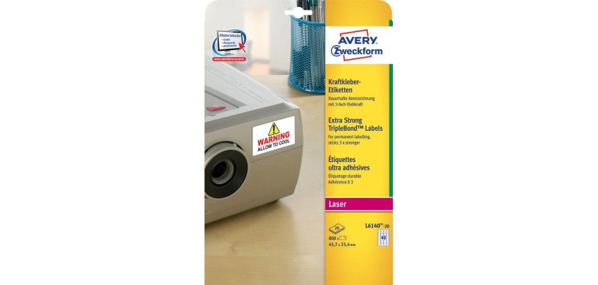 Etichette adesive extra strong L6140 - in poliestere - laser - permanenti - 45,7 x 25,4 mm - 40 et/fg - 20 fogli - bianco - Avery