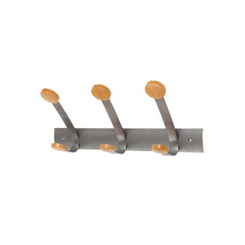 Bloc de 3 doubles patères et crochets en métal et bois jusqu à 20 kg - Dim: L45 x H17,4 x P11 cm