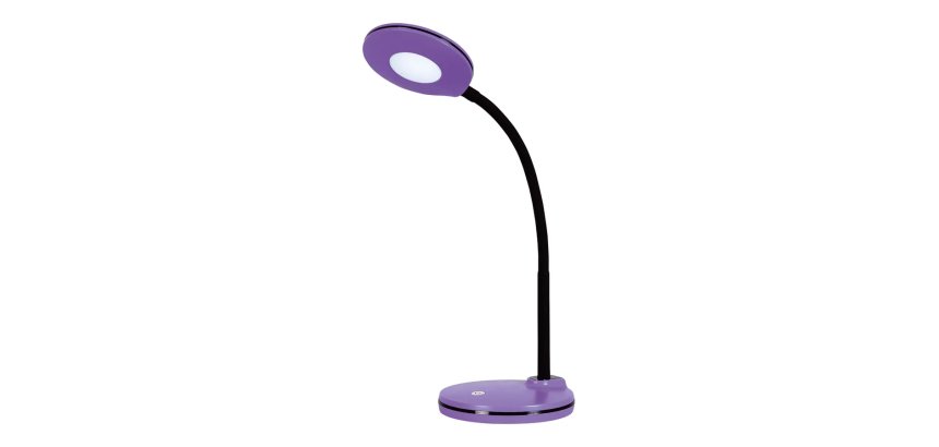 Lampe LED Splash Violet,avec variateur. Dim. Tête D10,5 cm, bras flexible H32 cm, socle D13 cm