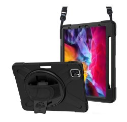 DLH Coque renforcee avec emplacement stylet, bandouliere, poignee rotative et pied support pour Apple iPad Pro 11" 1ere et 2eme generation (2018 / 2020)