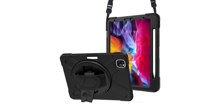 DLH Coque renforcee avec emplacement stylet, bandouliere, poignee rotative et pied support pour Apple iPad Pro 11" 1ere et 2eme generation (2018 / 2020)