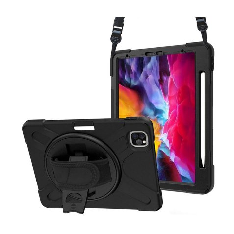 DLH COQUE RENFORCEE AVEC EMPLACEMENT STYLET, BANDOULIERE, POIGNEE ROTATIVE ET PIED SUPPORT POUR APPLE IPAD PRO 11" 1ere et 2eme generation (2018 / 2020)