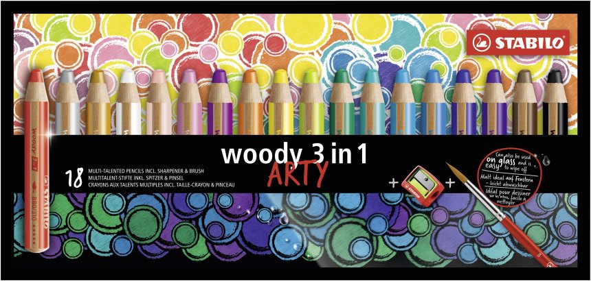 Crayon couleur stabilo woody multi talent 18 crayons 3 en  1 arty +1 pinceau rond taille 8 + 1 taille crayon