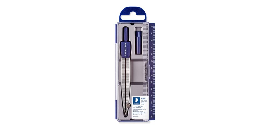 Compas staedtler 550 50 branche pointe sèche interchangeable réglette graduée mines 2mm étui rigide