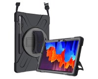DLH Coque renforcée avec emplacement stylet, bandoulière, poignée rotative et pied support pour SAMSUNG Galaxy Tab S7 FE (SM-T730 / SM-T733 / SM-T735 / SM-T736 / SM-T737) / Galaxy Tab S7+ (SM-T970 / SM-T975 / SM-T976) et Galaxy Tab S8+ (SM-X800 / SM-X806)